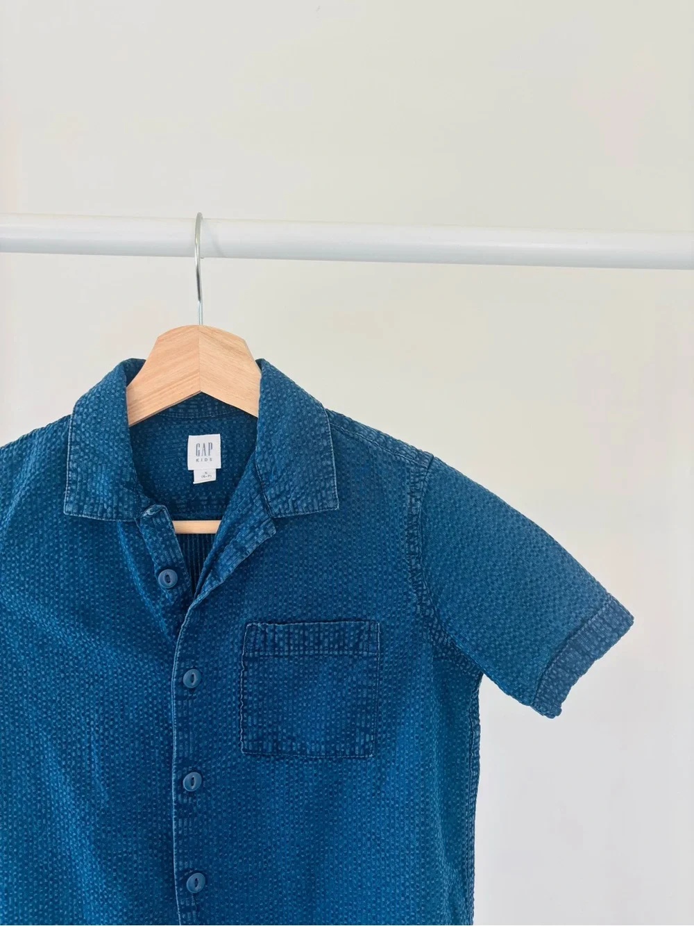 GAP Kids Indigo Textured Short-Sleeve Button-Down Shirt | 100% Cotton